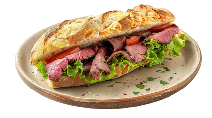 Wall Mural - Roast Beef Sandwich on a plate isolated on transparent png background. Generative ai 