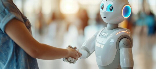 Poster - Human robot handshake symbolizes technology meeting humanity on blurred background