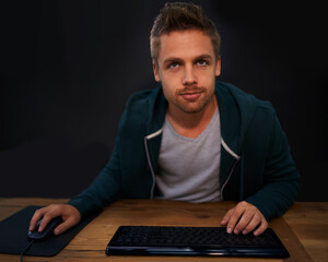 Aufkleber - Man, keyboard for code and programmer typing, information technology with video game or software development. Internet, computer programming and face with gamer or developer for cyber security