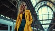 Kobieta w żółtym płaszczu stoi na peronie dworca kolejowego, w modnym ubraniu i okularach przyciemnianych. W tle widoczne są tory kolejowe i stojący pociąg i szklany dach