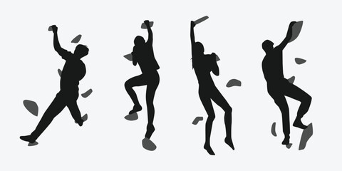 Wall Mural - climbing wall silhouette collection set. sport, extreme, bouldering, rock, concept. different actions, poses. vector illustration.