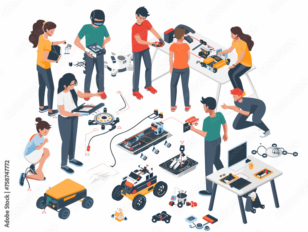A group of students build and program miniature robots during a ...