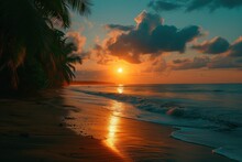 Tropical Evening Landscape. Beautiful Sunset Over The Ocean. The Orange Disk Of The Sun Hides Behind The Horizon