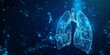 On a dark blue background, a futuristic glowing low polygonal anatomical lung hologram is displayed.