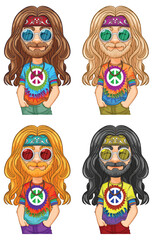 Wall Mural - Four hippie characters with vibrant tie-dye shirts and sunglasses.