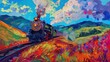 Obraz do powieszenia na ścienę o pociągu na torze wśród kolorowych dolin