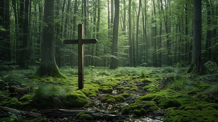 Wall Mural - Cross in the Woods A Symbol of Faith in the Forest Generative AI