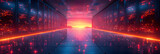 Fototapeta Do przedpokoju -  A Stunning Data Center Illustration for Design Elements,
A dark room with red lights and a blue background with a row of servers