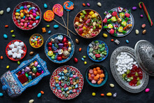 Colorful Ramadan Eid Candy And Chocolate, Traditional Ottoman Cuisine Desserts Photo, Üsküdar Istanbul, Turkiye