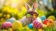© Wolfilser - funny Easter bunny with sunglasses and cap sits in the grass with colourful Easter eggs