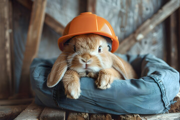 Wall Mural - Easter bunny wearing a construction helmet, adding a playful and festive touch to the holiday celebration.