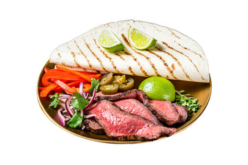 Wall Mural - Mexican fajitas for grilled beef steak and vegetables.  Isolated, Transparent background.