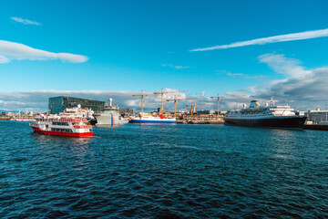 Wall Mural - Ships in Reykjavic harbor at sunny day,  Iceland