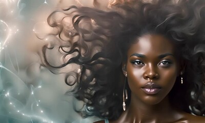 Wall Mural - Young black woman with long, curly hair on an abstract background. The concept of natural beauty and strength.