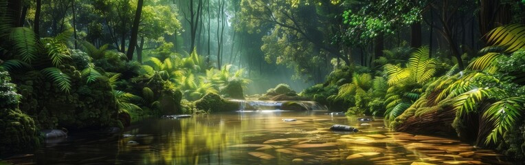 Aufkleber - A lush green forest with a stream running through it. The water is calm and the sunlight is shining through the trees. The scene is peaceful and serene