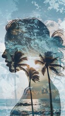 Poster - A close-up view of a womans face with palm trees in the background, creating a striking double exposure composition. The woman appears contemplative, with a serene expression against the backdrop of l
