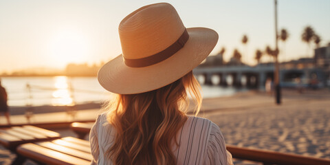 Sticker - Blonde girl in a dress and hat on the coast looking at the sunset