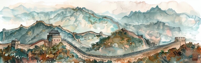 Poster - A painting of mountains and a wall with a lot of detail. The painting has a serene and peaceful mood