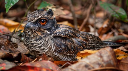Aufkleber - A small bird, potentially a Madagascar Nightjar, sitting on top of a mound of dried leaves. The bird is calmly perched, blending in with its surroundings.