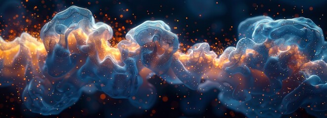Poster - A group of blue and yellow bubbles float elegantly in the air, creating a whimsical and colorful display. The bubbles seem weightless as they move lazily through the atmosphere.