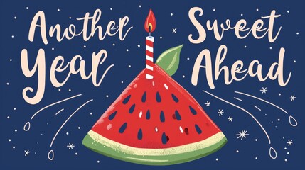 Poster - A watermelon slice on a table, with a candle placed on top of it. The slice is red with black seeds, and the candle is lit, creating a warm glow.