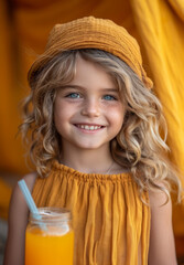 Sticker - Little girl is smiling while holding glass of orange juice.