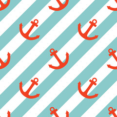 Wall Mural - Tile sailor vector pattern with pink anchor on mint green and white stripes background