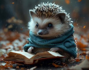 Wall Mural - Hedgehog reading book in the autumn forest