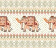 Thai elephant on beige orange color soft tone with flower on Ikat border background,concept for elephant element design, pants pattern pants design. Seamless Thai patterns for fabrics printed, Ikat el