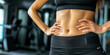 side view of woman waist closeup in black sports clothing with strong belly muscles, six pack, on dark gym background сreated with Generative Ai