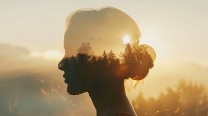 Poster - A silhouette of a woman standing with trees in the background, creating a stark contrast between the dark figure and the leafy shapes.