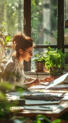 Poster - A woman is sitting at a table, concentrating on her work on a piece of paper in front of her.