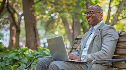 Poster - A man dressed in business casual attire is sitting on a bench outdoors, using a laptop. He appears focused on his work, with a serene expression.