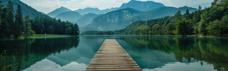 Poster - A wooden bridge spans a lake with mountains in the background. The water is calm and the bridge is the only thing visible
