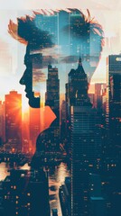Fototapete - A man's silhouette is shown in front of a city skyline. The image is a creative representation of the cityscape, with the man's face and body appearing as a reflection of the buildings and streets