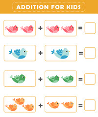 Wall Mural - Counting educational children game. Math kids activity sheet. Math addition worksheet with cute bird illustration.