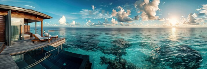 Poster - The breathtaking ocean view from the deck of an overwater villa in the Maldives, with a clear horizon