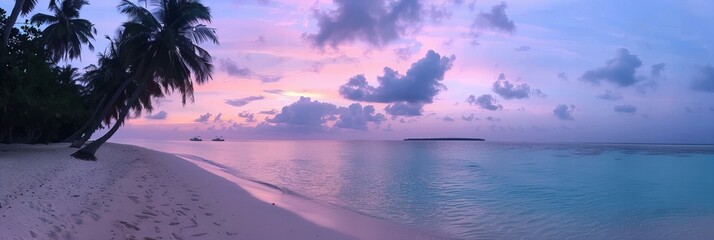 Sticker - A tranquil Maldivian beach at dawn, with palm trees silhouetted against the pastel-colored sky