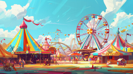 Wall Mural - A festive carnival panorama bustling with colorful tents and a towering Ferris