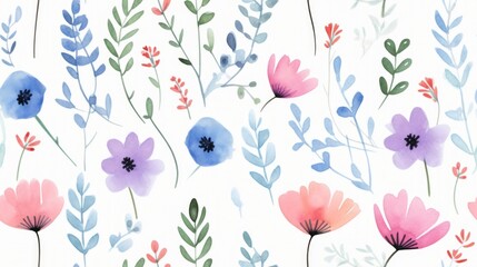 Aufkleber - Generative AI Simple aquarelle flowers leaves pattern