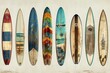 A collection of vintage surfboards with retro designs