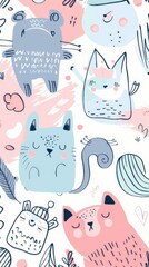 Aufkleber - This pattern features playful illustrations of cats and plants arranged on a clean white background. The cats and plants are intricately designed, creating a whimsical and charming display.