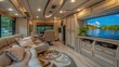 A motorhome living room with a built-in entertainment center and a large flat-screen TV