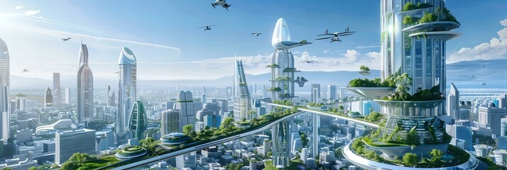 Canvas Print - A futuristic cityscape with towering eco-skyscrapers, flying cars, and green spaces on rooftops, under a clear blue sky