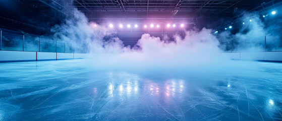 Wall Mural - Ice Rink Background. Professional Arena illuminated blue, pink neon lights, spotlights with smoke. Copyspace. Winter poster for hockey competitions. Ice skating. Stadium. Generative ai