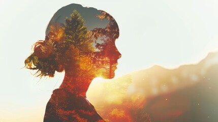 Poster - A womans face is shown with the sun positioned directly behind her, creating a stunning double exposure effect. The sun appears to be radiating from her head, illuminating her features.