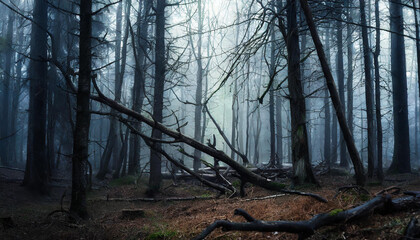 Dark forest with dead trees in fog. Dry broken branches. Mysterious scenery. Mystical atmosphere.