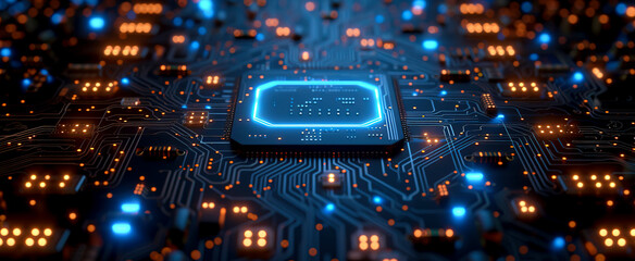 Sticker - Iconic and Angular: Stunning Circuit Board with Blue Lights Captured in Sharp Detail