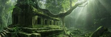 A Secluded Temple Hidden Within An Ancient Forest, Sunlight Filtering Through The Dense Canopy Onto The Moss-covered Stones
