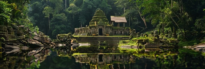 Wall Mural - A secluded temple hidden within an ancient forest, sunlight filtering through the dense canopy onto the moss-covered stones